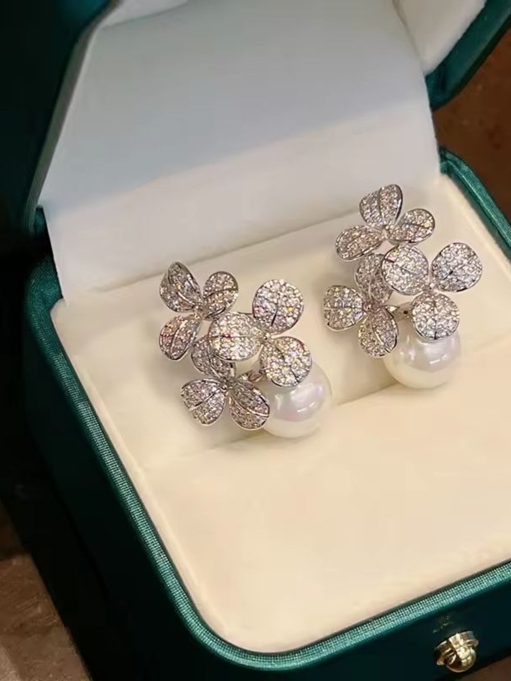 Silver Floral Crystal and Pearl Drop Earrings - White - Picture 2 of 4